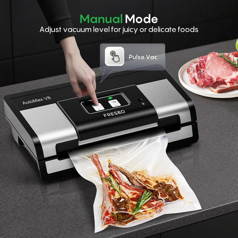 Fresko Fully Automatic Vacuum Sealer, 95Kpa Powerful Food Vacuum Sealer Machine, Auto Dry-Wet Detection | Bag Cutter | 2 Rolls Bags | Effortless Operation, Silver - Black - Image 4